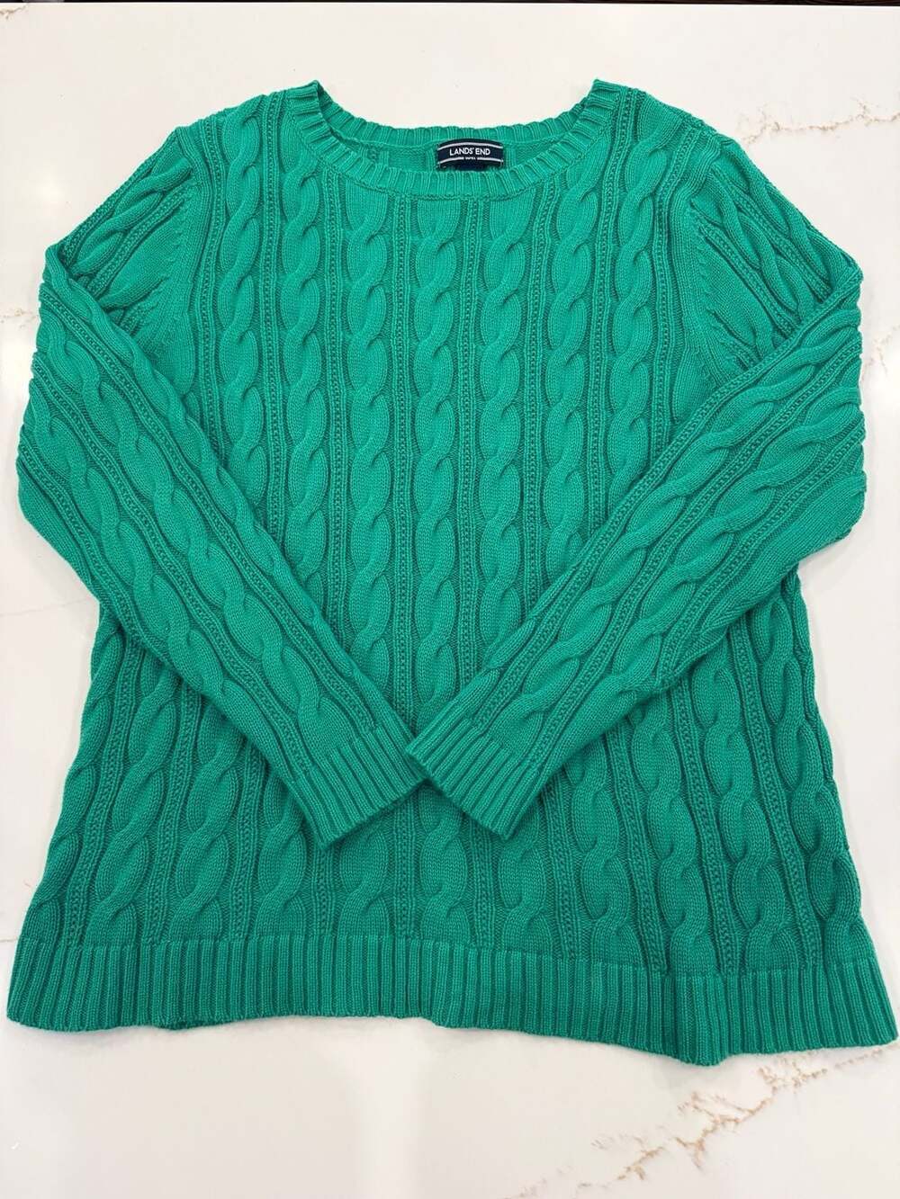 Lands’ End Drifter Cable Knit Sweater Women L 14-16 Green 100% Cotton
